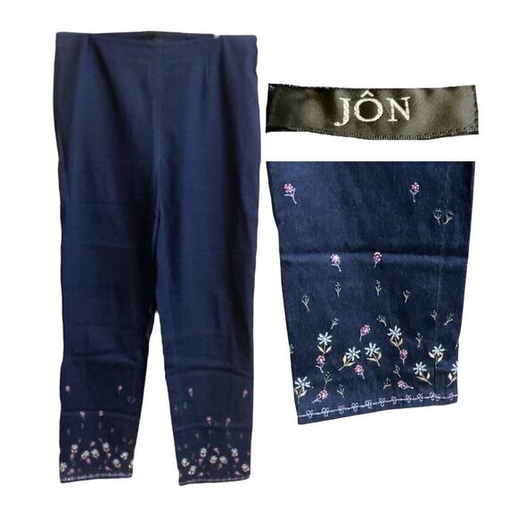 JON by TERI JON Embroidered Dark Blue Wash Jean Size 8 Ankle Pant Stretch-RARE - Picture 1 of 9
